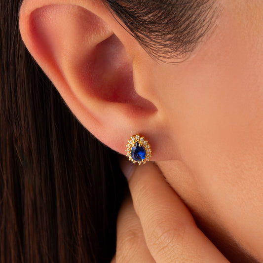 Teardrop Sapphire Bezel Stud Earrings in 10K/14K Solid Gold Surrounded with Real Diamonds, September Birthstone Jewelry