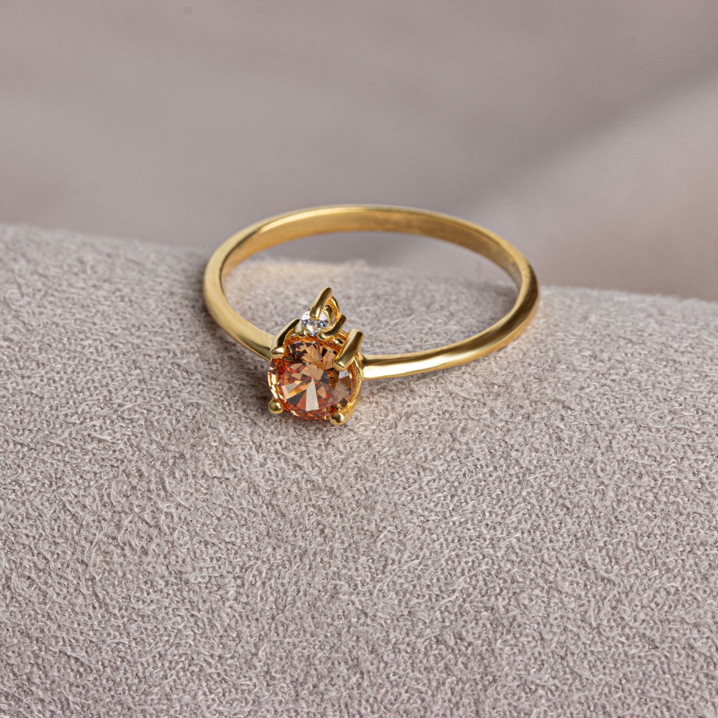 Round Citrine Ring in 14K Solid Gold with Single Stone Real Diamond, November Birthstone Jewelry