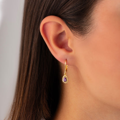 Teardrop Amethyst Bezel Dangling Earrings in 8K/10K/14K Solid Gold Surrounded with Real Diamonds, February Birthstone Jewelry