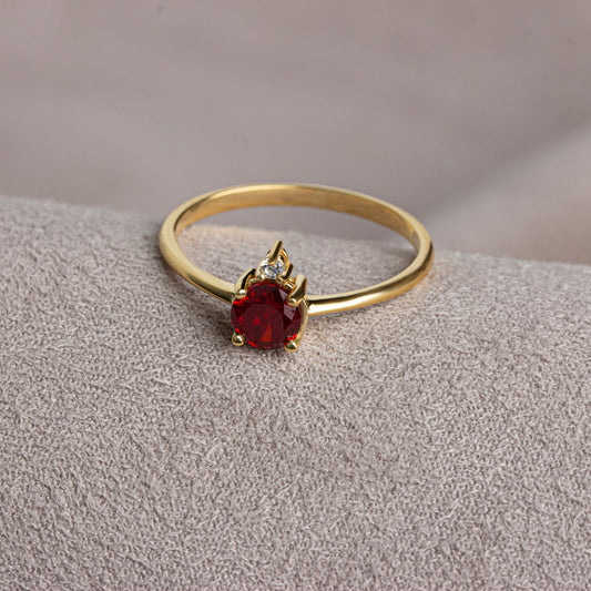 Round Garnet Ring in 14K Solid Gold with Single Stone Real Diamond, January Birthstone Jewelry