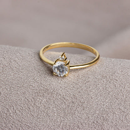 Round White Topaz Ring in 14K Solid Gold with Single Stone Real Diamond, April Birthstone Jewelry