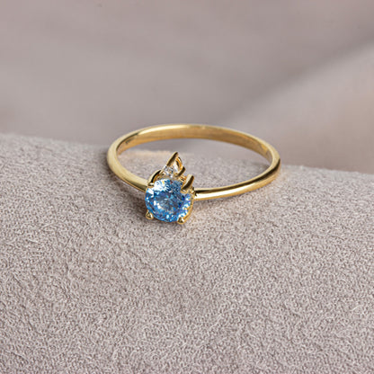 Round Aquamarine Ring in 14K Solid Gold with Single Stone Real Diamond, March Birthstone Jewelry