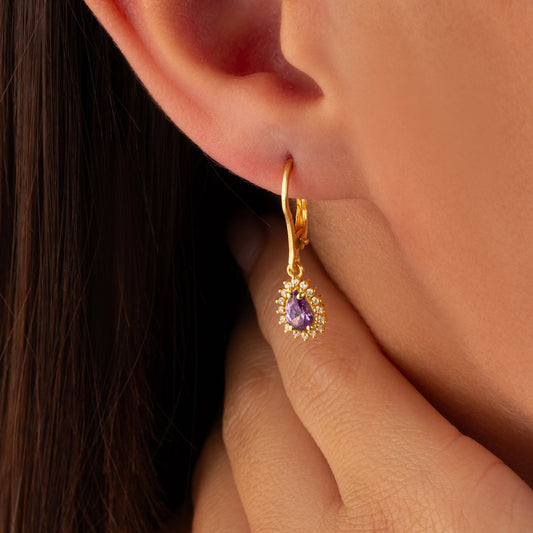 Teardrop Amethyst Bezel Dangling Earrings in 8K/10K/14K Solid Gold Surrounded with Real Diamonds, February Birthstone Jewelry