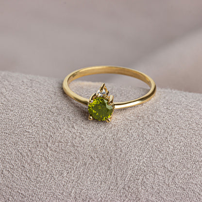 Round Peridot Ring in 14K Solid Gold with Single Stone Real Diamond, August Birthstone Jewelry