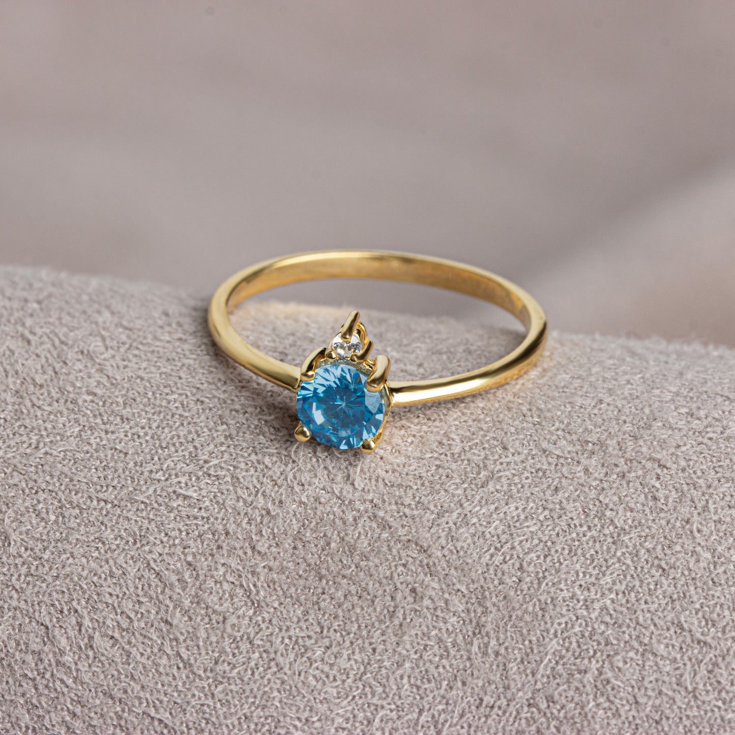Round Blue Topaz Ring in 14K Solid Gold with Single Stone Real Diamond, December Birthstone Jewelry