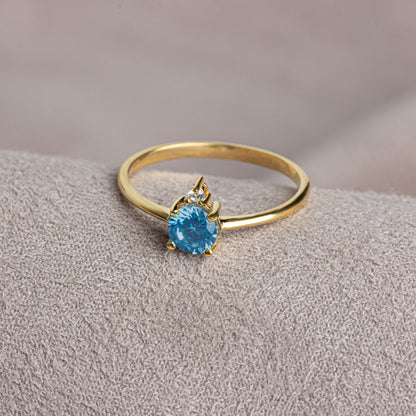 Round Blue Topaz Ring in 14K Solid Gold with Single Stone Real Diamond, December Birthstone Jewelry