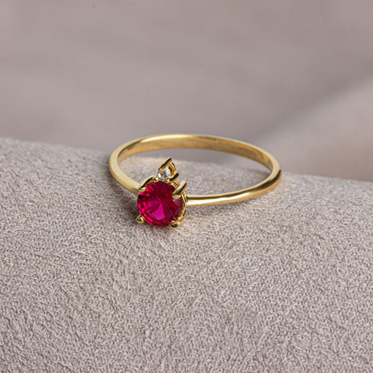 Round Ruby Ring in 14K Solid Gold with Single Stone Real Diamond, July Birthstone Jewelry