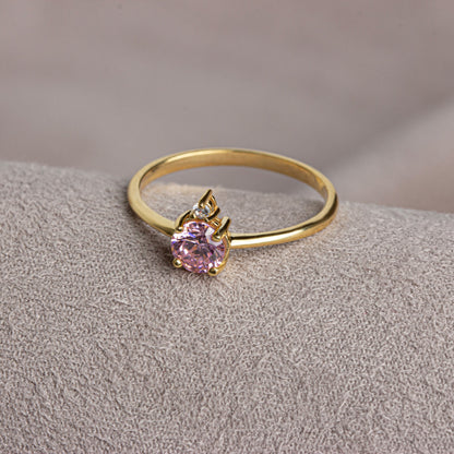 Round Pink Tourmaline Ring in 14K Solid Gold with Single Stone Real Diamond, October Birthstone Jewelry