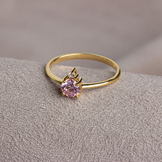 Round Pink Tourmaline Ring in 14K Solid Gold with Single Stone Real Diamond, October Birthstone Jewelry