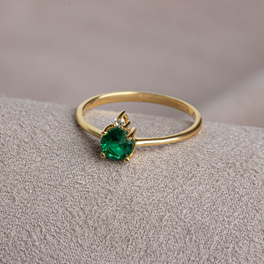 Round Emerald Ring in 10K/14K Solid Gold with Single Stone Real Diamond, May Birthstone Jewelry