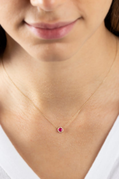 Round Ruby Necklace Surrounded by Real Diamonds, 8K/10K/14K Solid Gold, July Birthstone