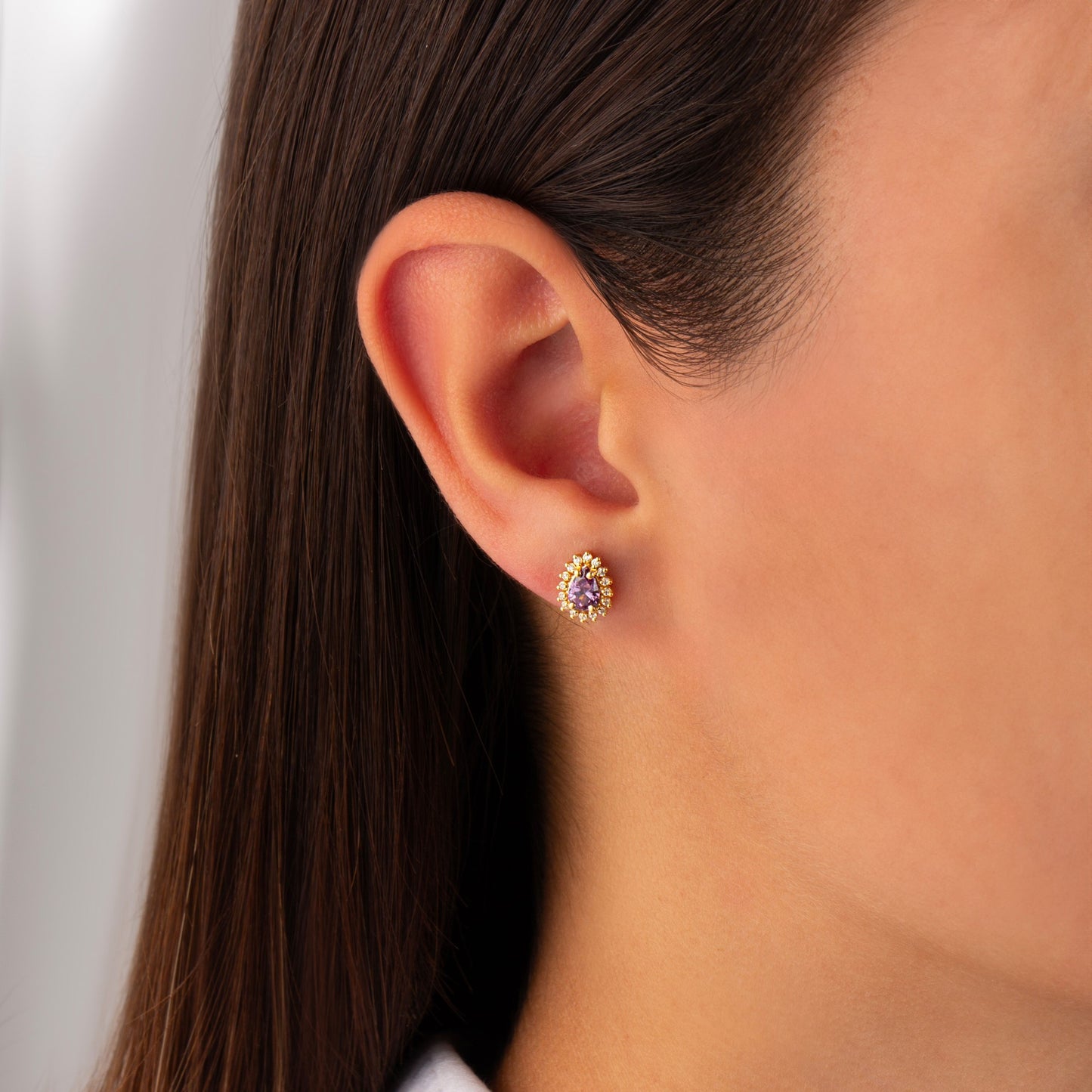 Teardrop Amethyst Bezel Stud Earrings in 10K/14K Solid Gold Surrounded with Real Diamonds, February Birthstone Jewelry