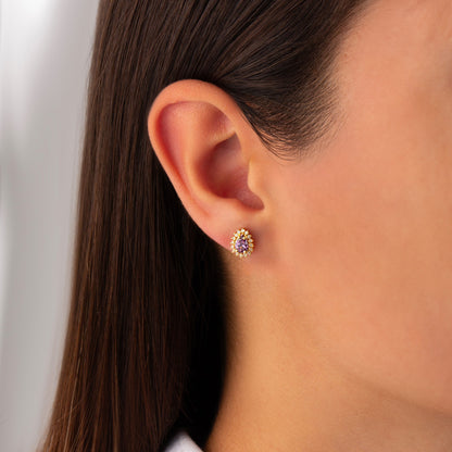 Teardrop Amethyst Bezel Stud Earrings in 10K/14K Solid Gold Surrounded with Real Diamonds, February Birthstone Jewelry