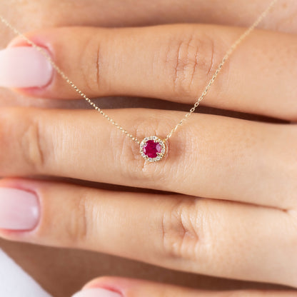 Round Ruby Necklace Surrounded by Real Diamonds, 8K/10K/14K Solid Gold, July Birthstone