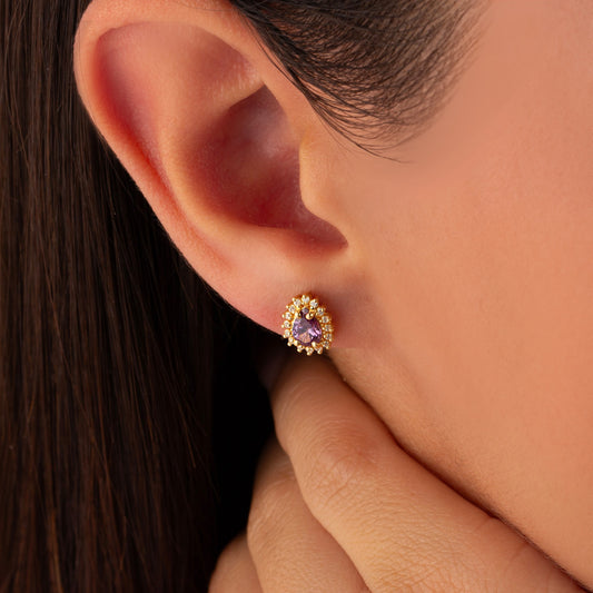 Teardrop Amethyst Bezel Stud Earrings in 10K/14K Solid Gold Surrounded with Real Diamonds, February Birthstone Jewelry