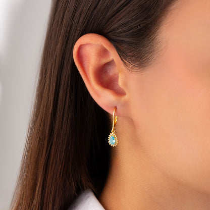Teardrop Aquamarine Bezel Dangling Earrings in 8K/10K/14K Solid Gold Surrounded with Real Diamonds, March Birthstone Jewelry