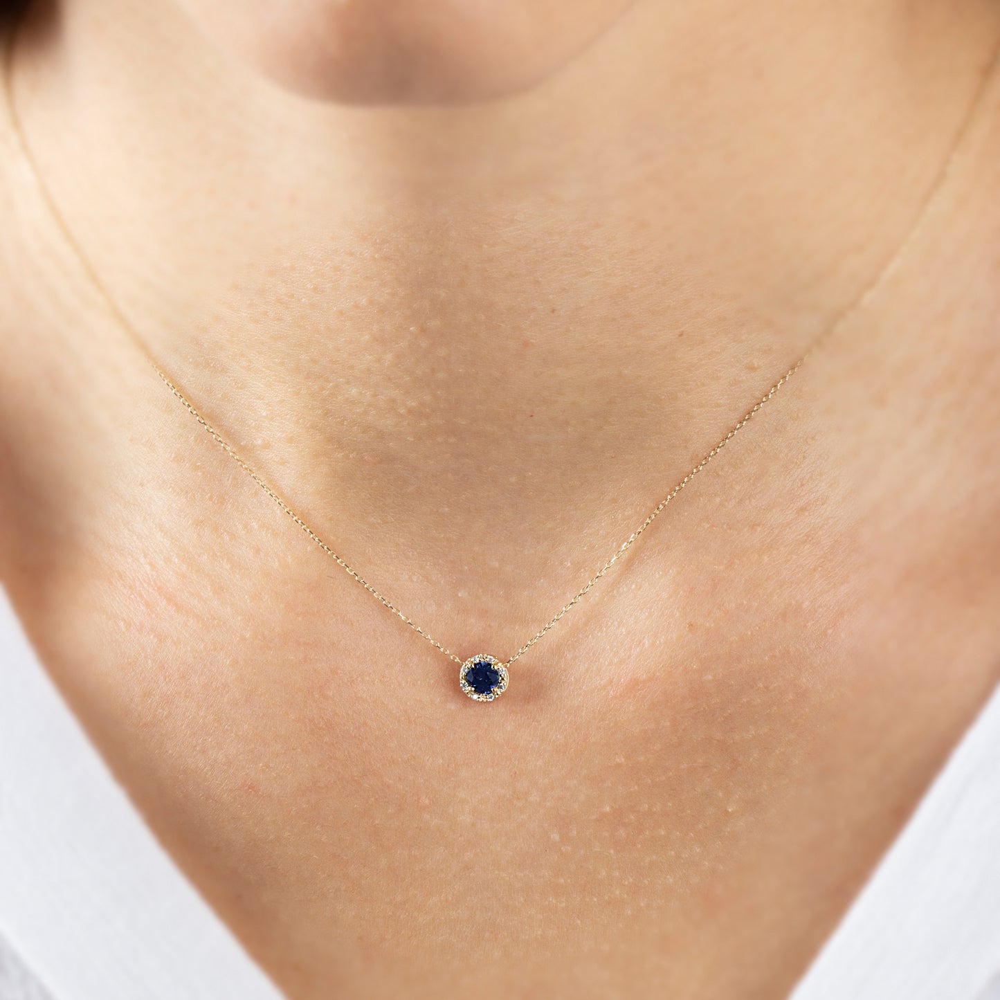 Round Sapphire Necklace Surrounded by Real Diamonds, 8K/10K/14K Solid Gold, September Birthstone