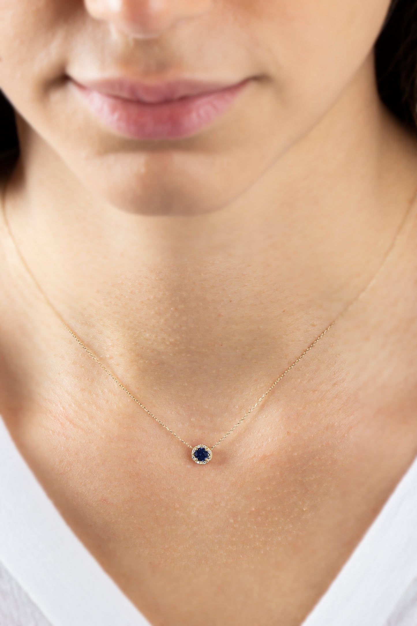 Round Sapphire Necklace Surrounded by Real Diamonds, 8K/10K/14K Solid Gold, September Birthstone