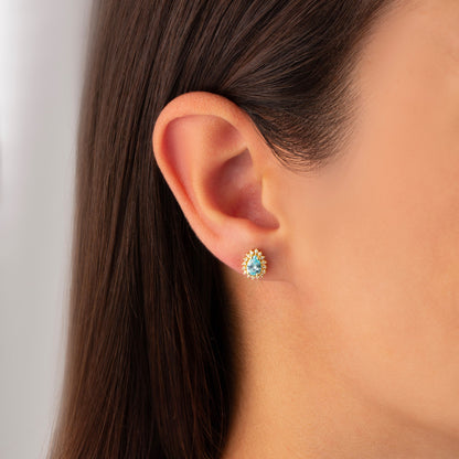 Teardrop Aquamarine Bezel Stud Earrings in 10K/14K Solid Gold Surrounded with Real Diamonds, March Birthstone Jewelry