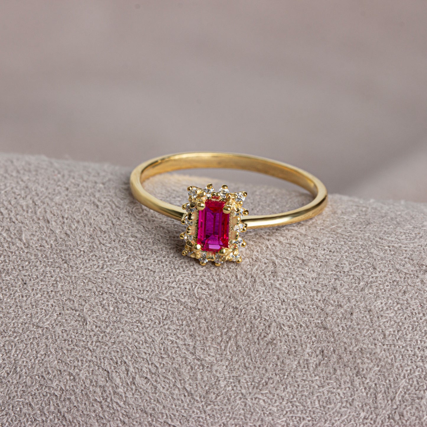 Ruby Rectangle Ring with Real Diamonds, 14K Solid Gold