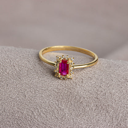 Ruby Rectangle Ring with Real Diamonds, 14K Solid Gold