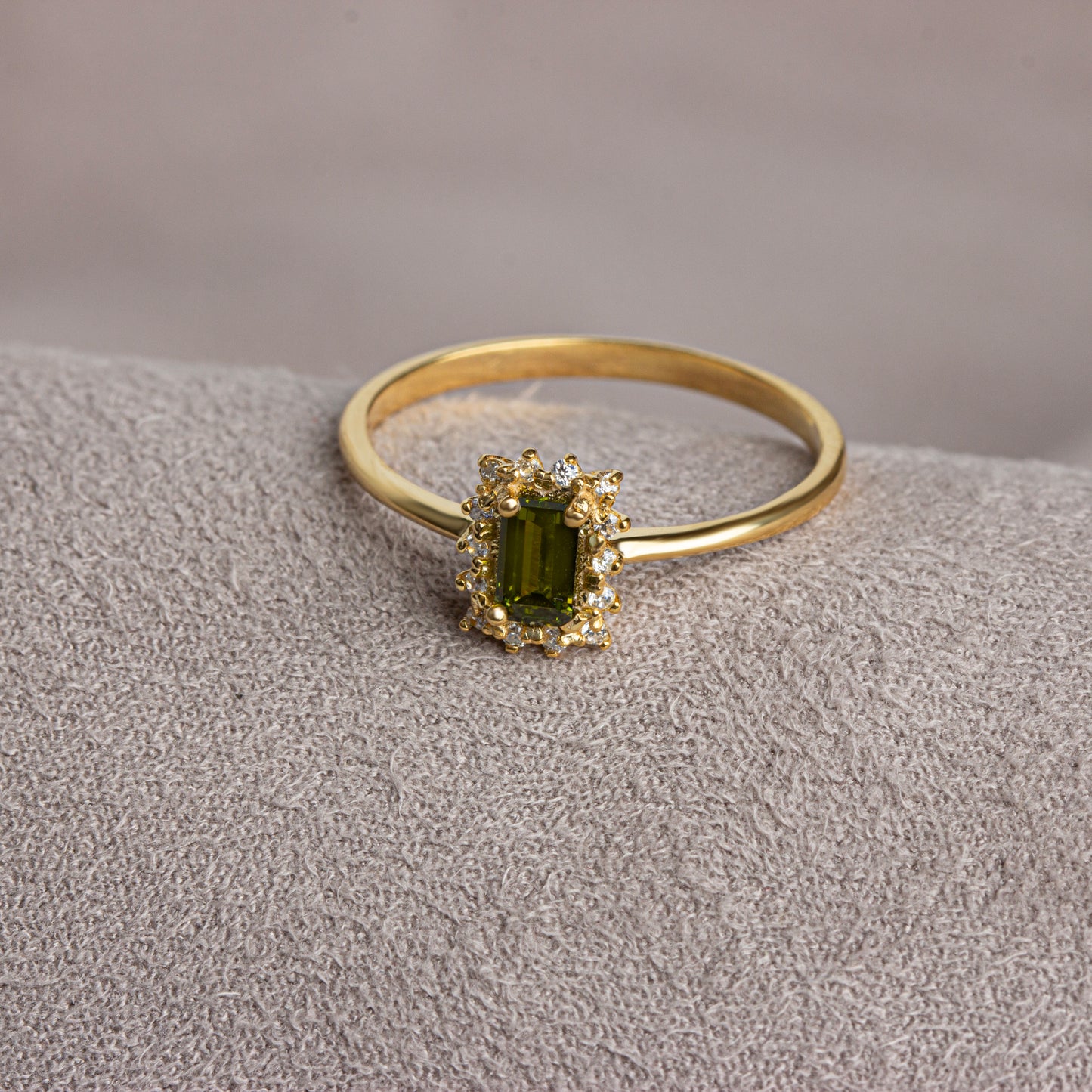 Peridot Rectangle Ring with Real Diamonds, 14K Solid Gold