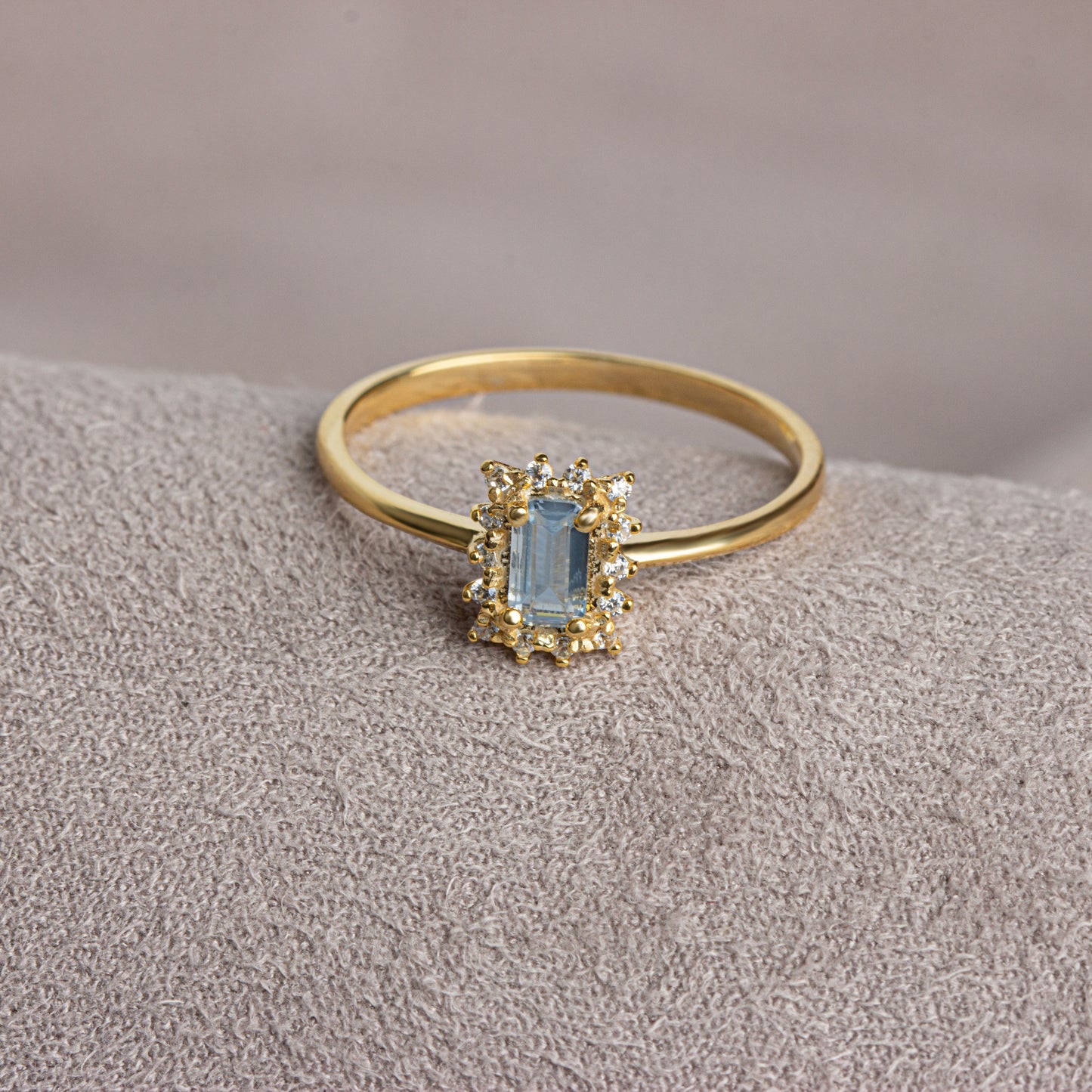 Aquamarine Rectangle Ring with Real Diamonds, 14K Solid Gold