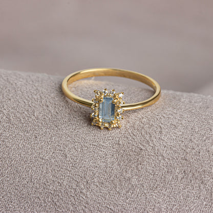 Aquamarine Rectangle Ring with Real Diamonds, 14K Solid Gold
