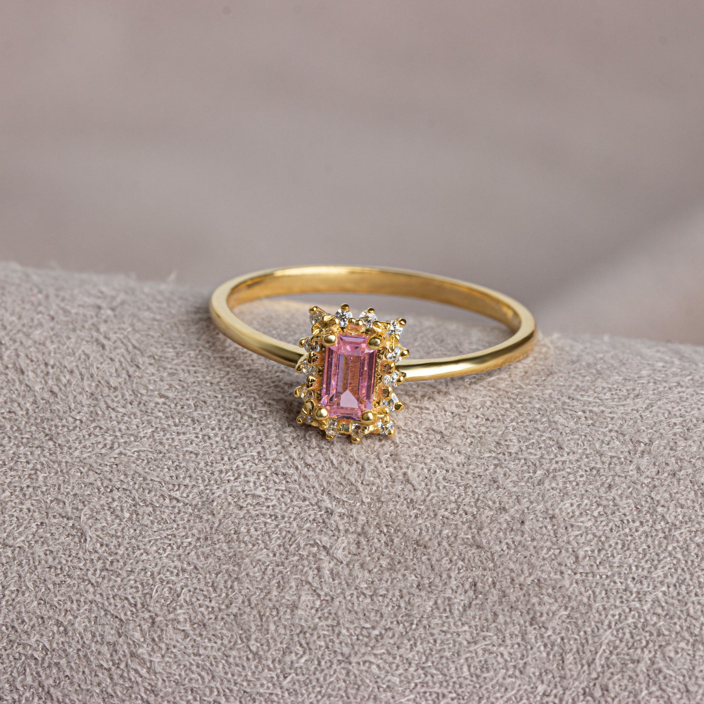 Pink Tourmaline Rectangle Ring with Real Diamonds, 14K Solid Gold