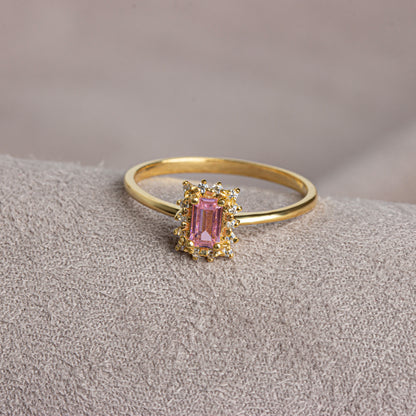 Pink Tourmaline Rectangle Ring with Real Diamonds, 14K Solid Gold