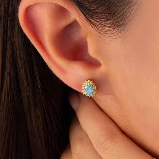 Teardrop Aquamarine Bezel Stud Earrings in 10K/14K Solid Gold Surrounded with Real Diamonds, March Birthstone Jewelry