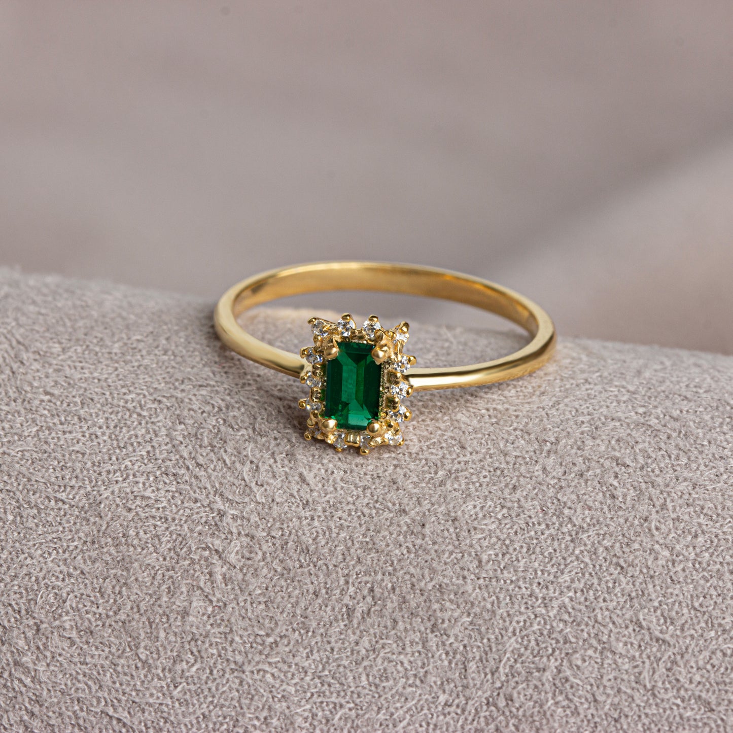 Emerald Rectangle Ring with Real Diamonds, 14K Solid Gold