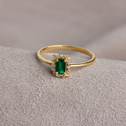 Emerald Rectangle Ring with Real Diamonds, 14K Solid Gold