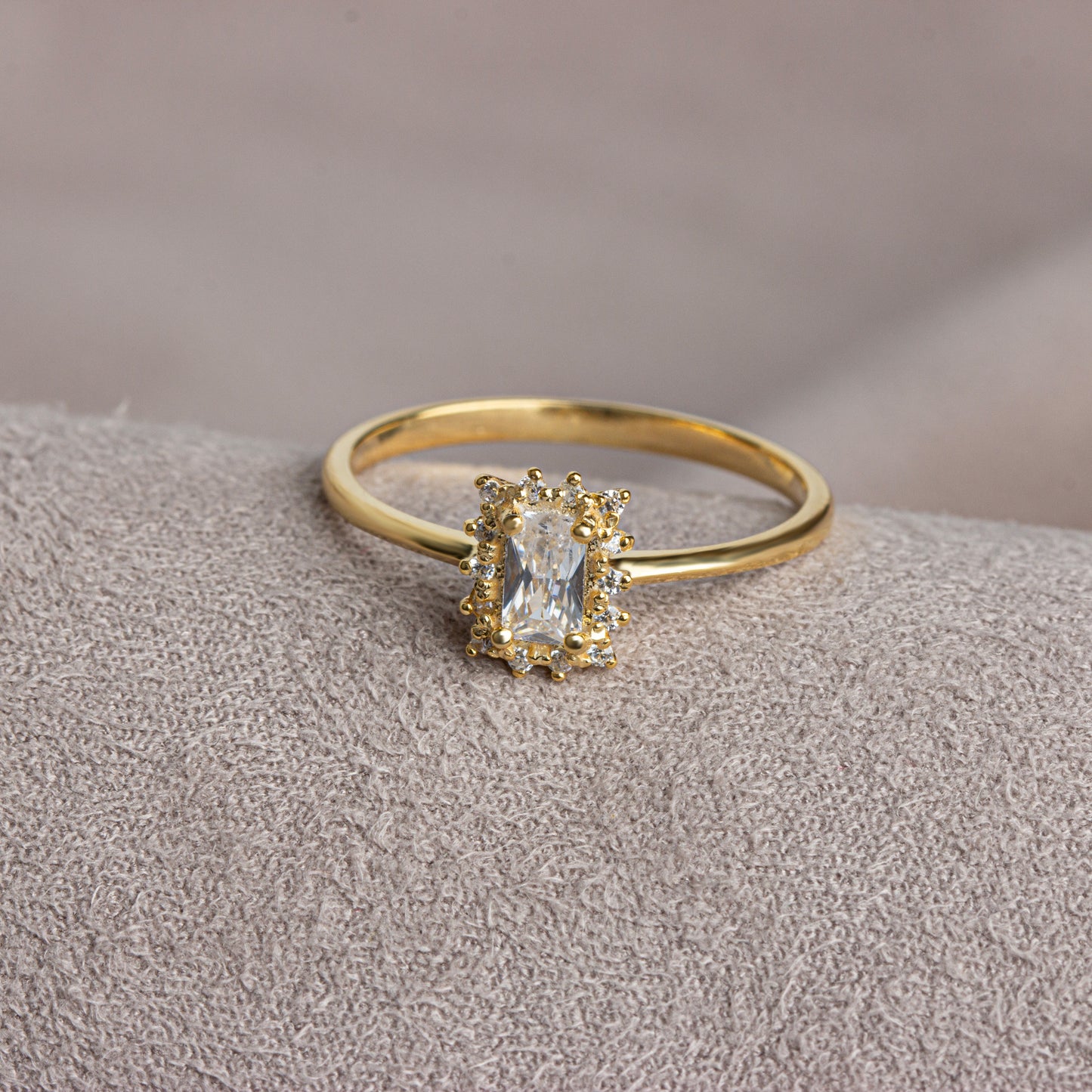 White Topaz Rectangle Ring with Real Diamonds, 14K Solid Gold
