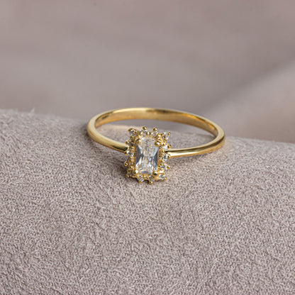 White Topaz Rectangle Ring with Real Diamonds, 14K Solid Gold