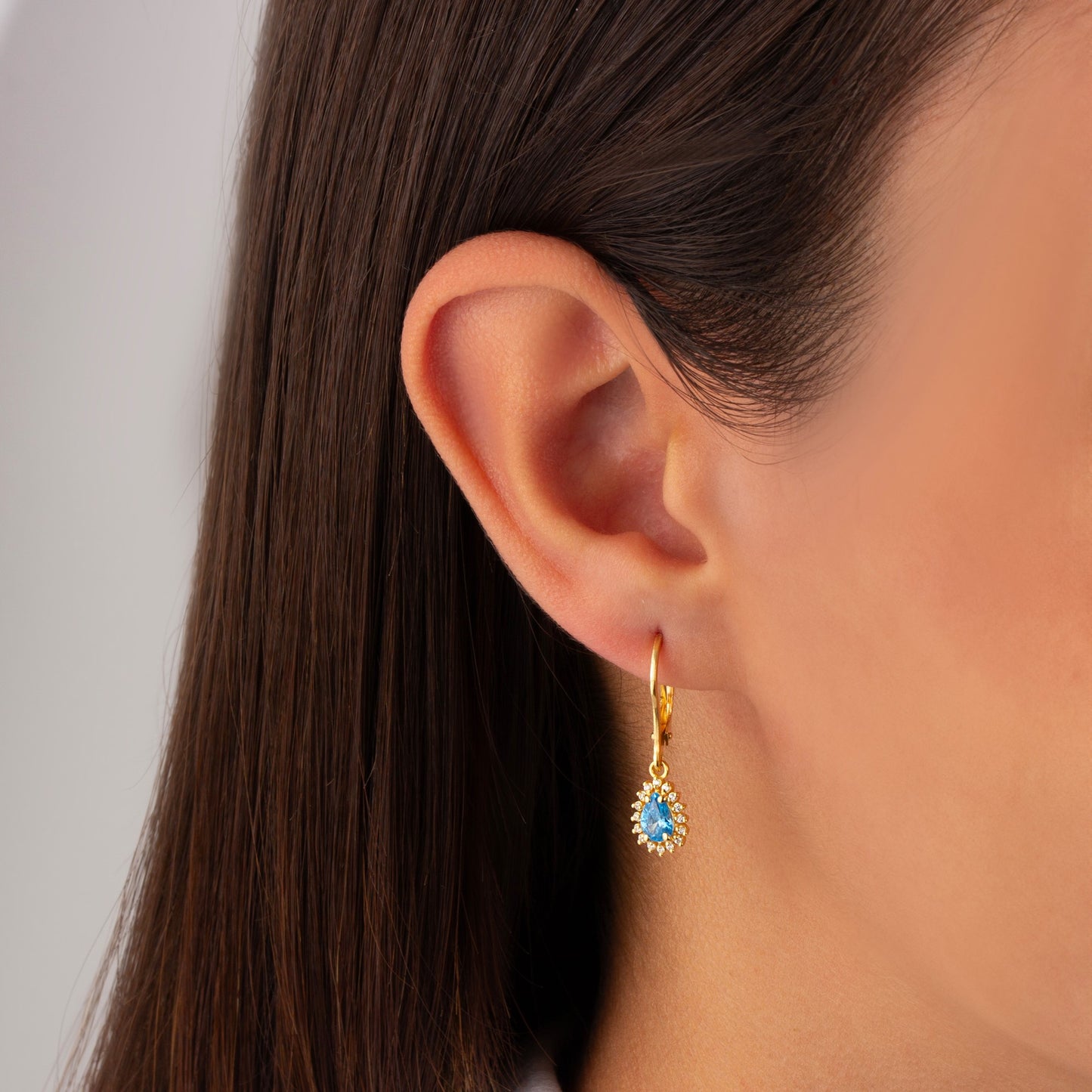 Teardrop Blue Topaz Bezel Dangling Earrings in 8K/10K/14K Solid Gold Surrounded with Real Diamonds, December Birthstone Jewelry