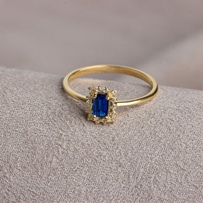 Sapphire Rectangle Ring with Real Diamonds, 14K Solid Gold