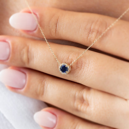 Round Sapphire Necklace Surrounded by Real Diamonds, 8K/10K/14K Solid Gold, September Birthstone