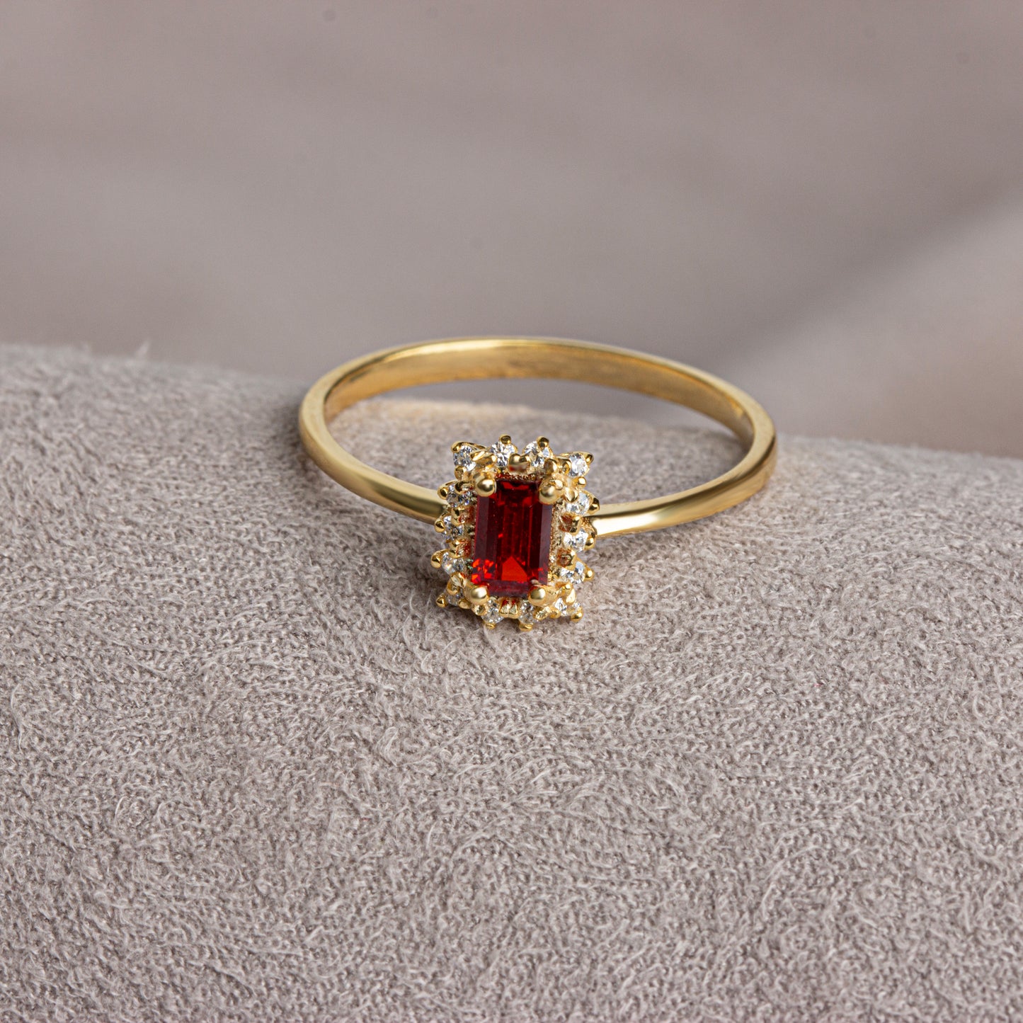 Garnet Rectangle Ring with Real Diamonds, 14K Solid Gold