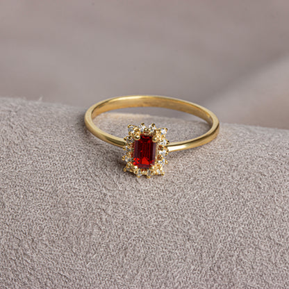 Garnet Rectangle Ring with Real Diamonds, 14K Solid Gold