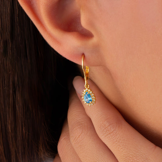 Teardrop Blue Topaz Bezel Dangling Earrings in 14K Solid Gold Surrounded with Real Diamonds, December Birthstone Jewelry