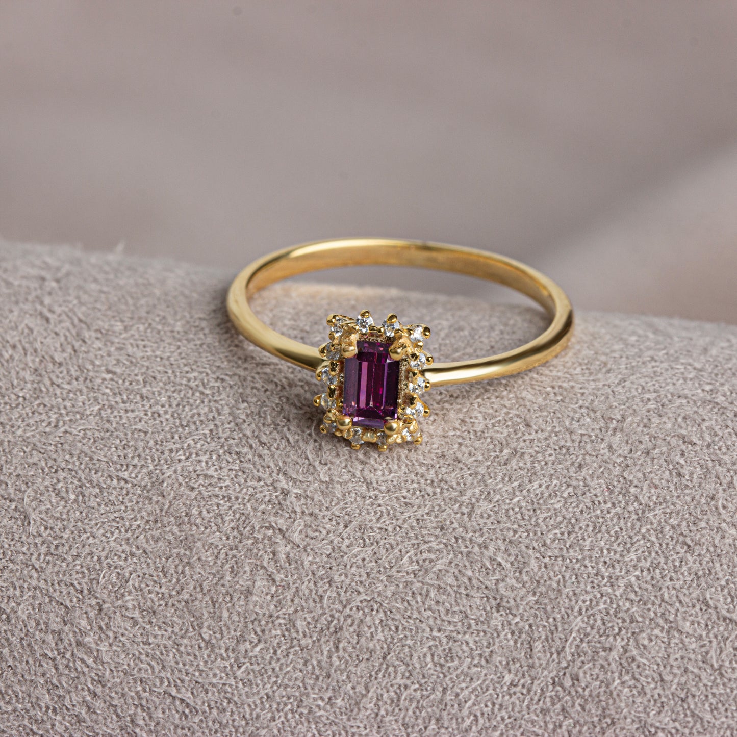 Amethyst Rectangle Ring with Real Diamonds, 14K Solid Gold