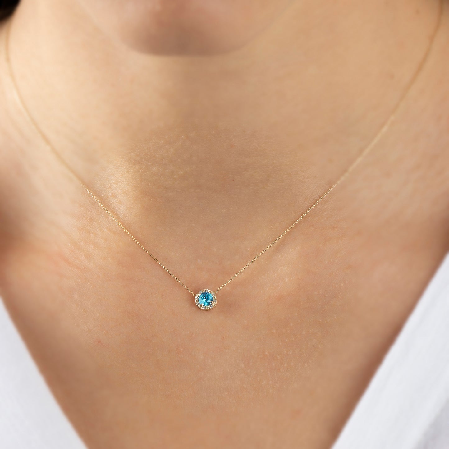 Round Aquamarine Necklace Surrounded by Real Diamonds, 8K/10K/14K Solid Gold, March Birthstone