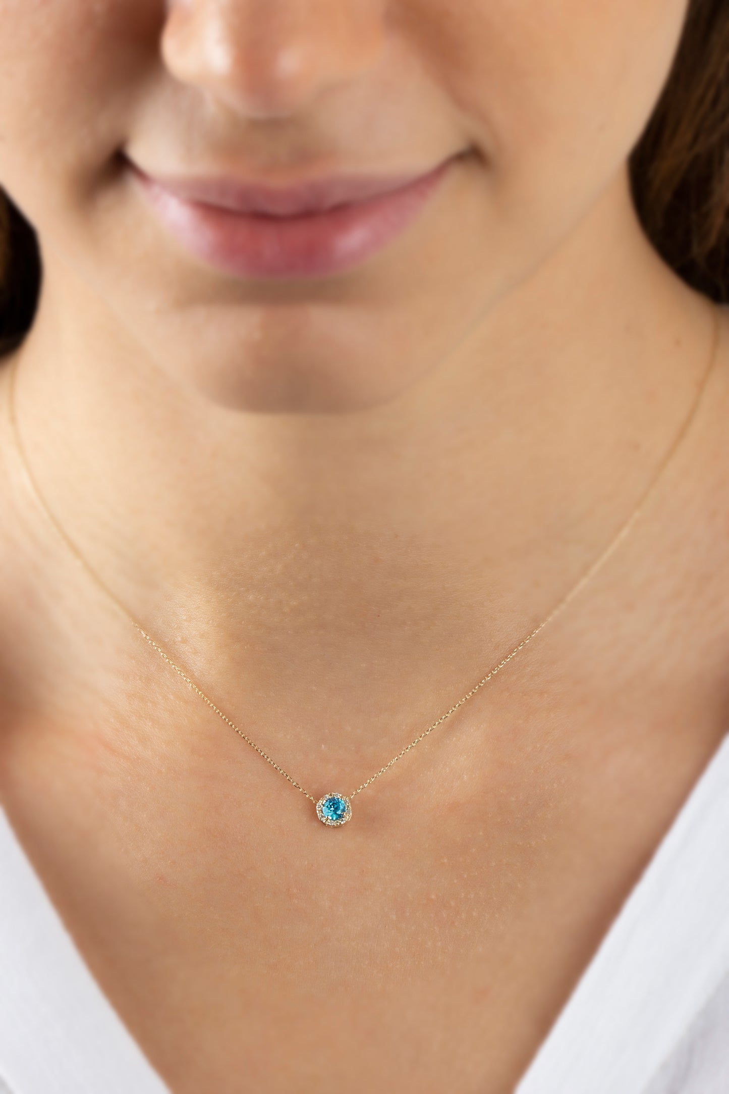 Round Aquamarine Necklace Surrounded by Real Diamonds, 8K/10K/14K Solid Gold, March Birthstone