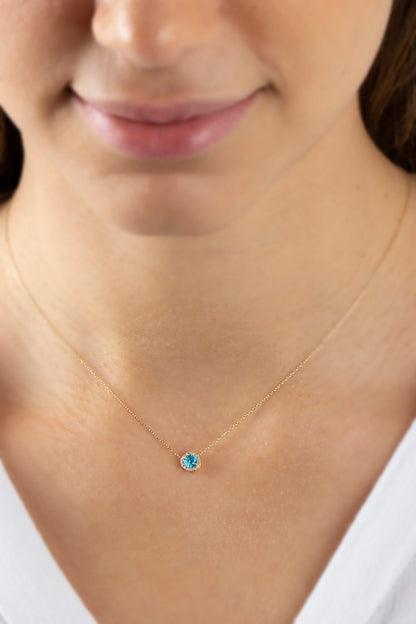 Round Aquamarine Necklace Surrounded by Real Diamonds, 8K/10K/14K Solid Gold, March Birthstone
