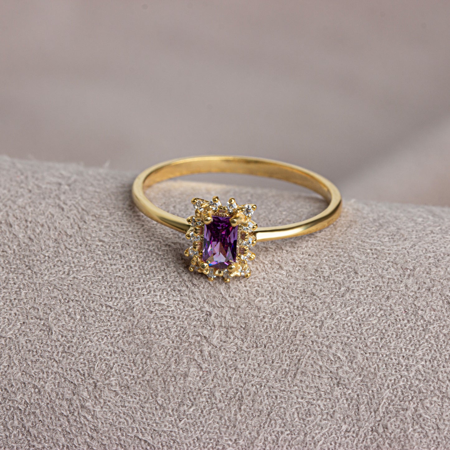 Alexandrite Rectangle Ring with Real Diamonds, 14K Solid Gold
