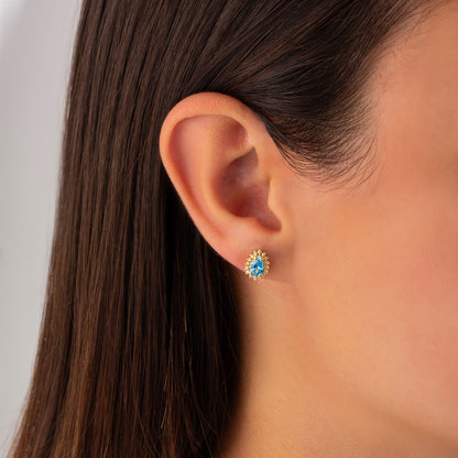 Teardrop Blue Topaz Bezel Stud Earrings in 10K/14K Solid Gold Surrounded with Real Diamonds, December Birthstone Jewelry