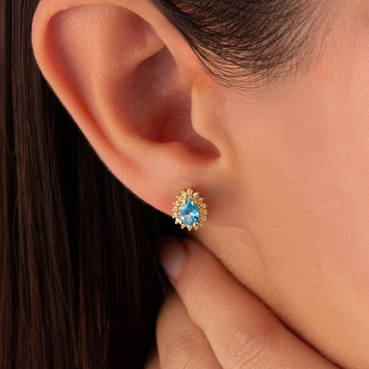 Teardrop Blue Topaz Bezel Stud Earrings in 10K/14K Solid Gold Surrounded with Real Diamonds, December Birthstone Jewelry