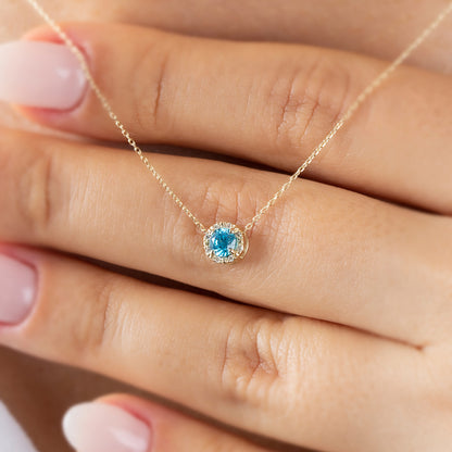 Round Aquamarine Necklace Surrounded by Real Diamonds, 8K/10K/14K Solid Gold, March Birthstone