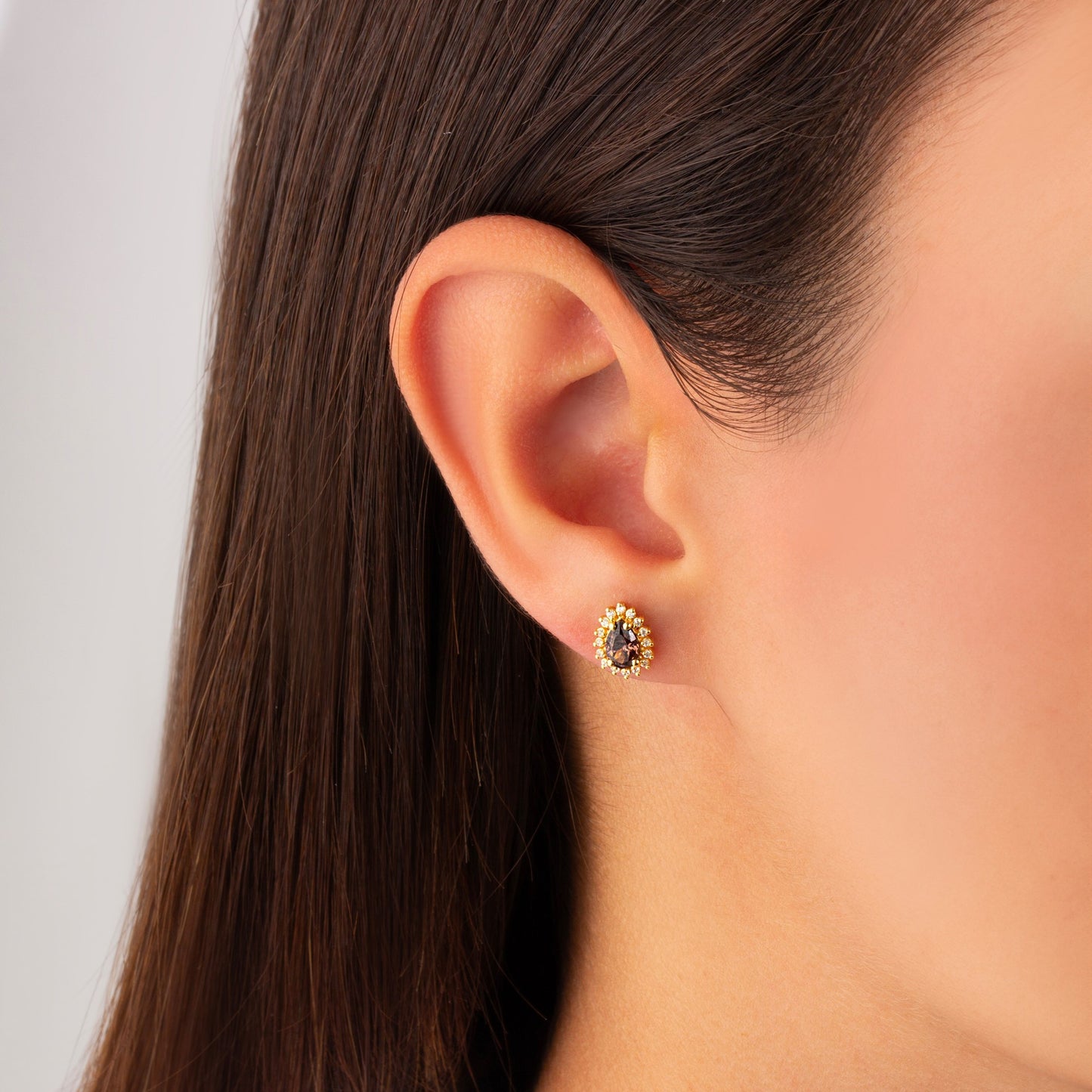 Teardrop Smoky Quartz Bezel Stud Earrings in 10K/14K Solid Gold Surrounded with Real Diamonds, Birthstone Jewelry